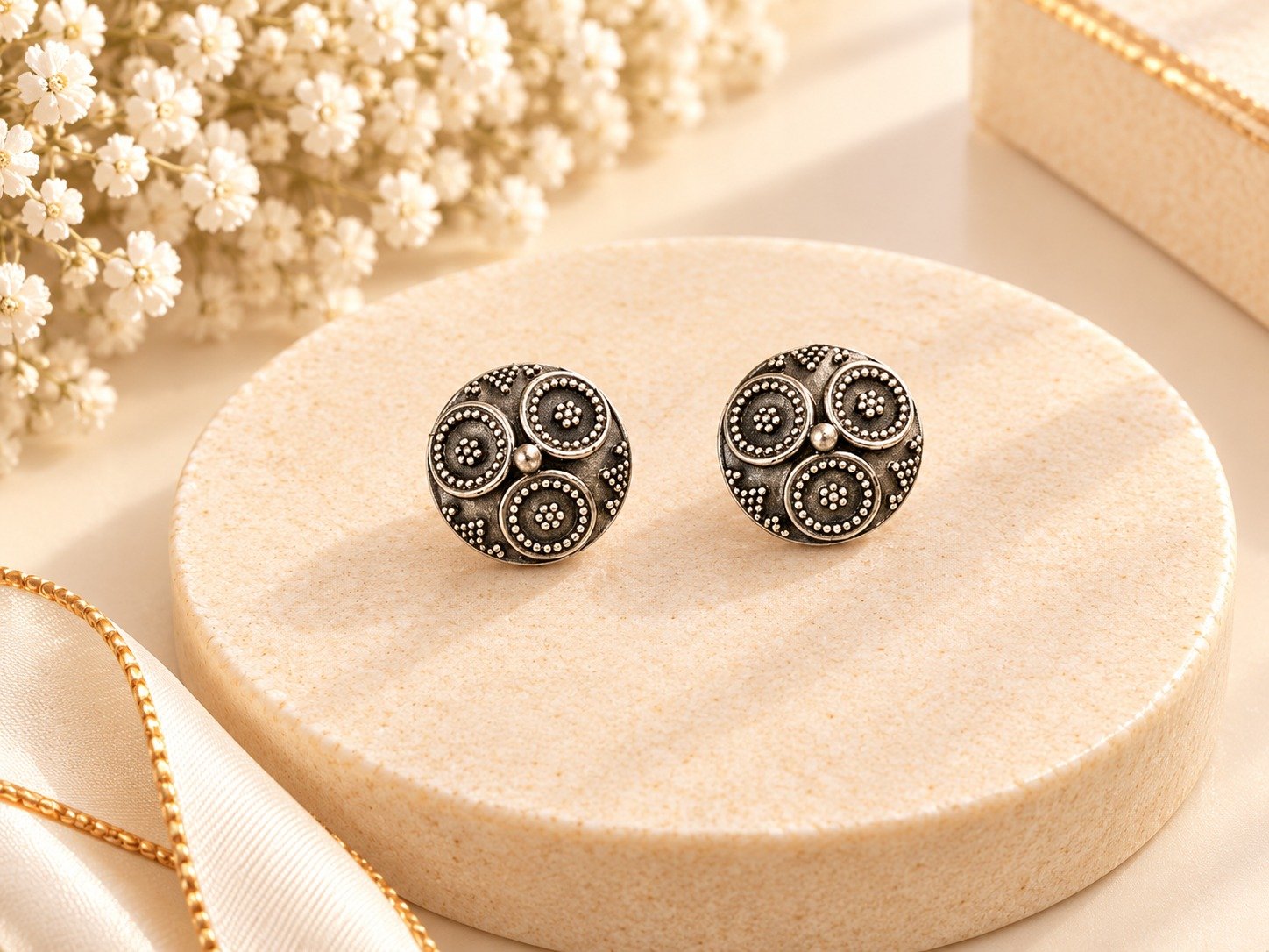 Antique Silver Floral Stud Earrings