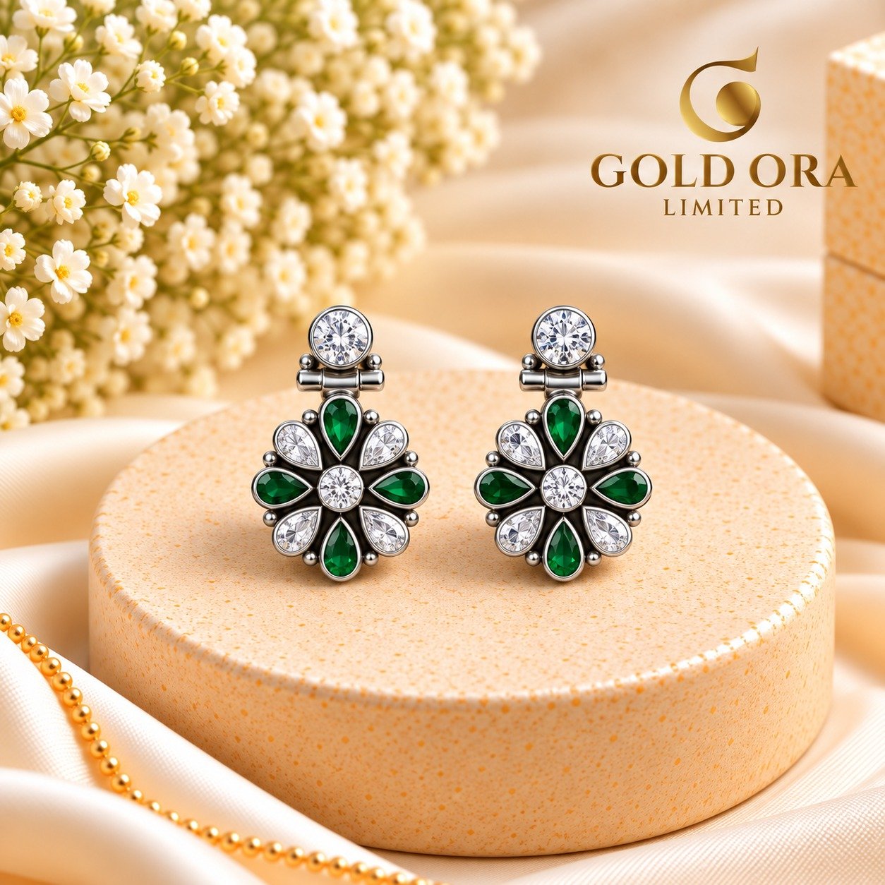 Emerald & Crystal Floral Stud Earrings