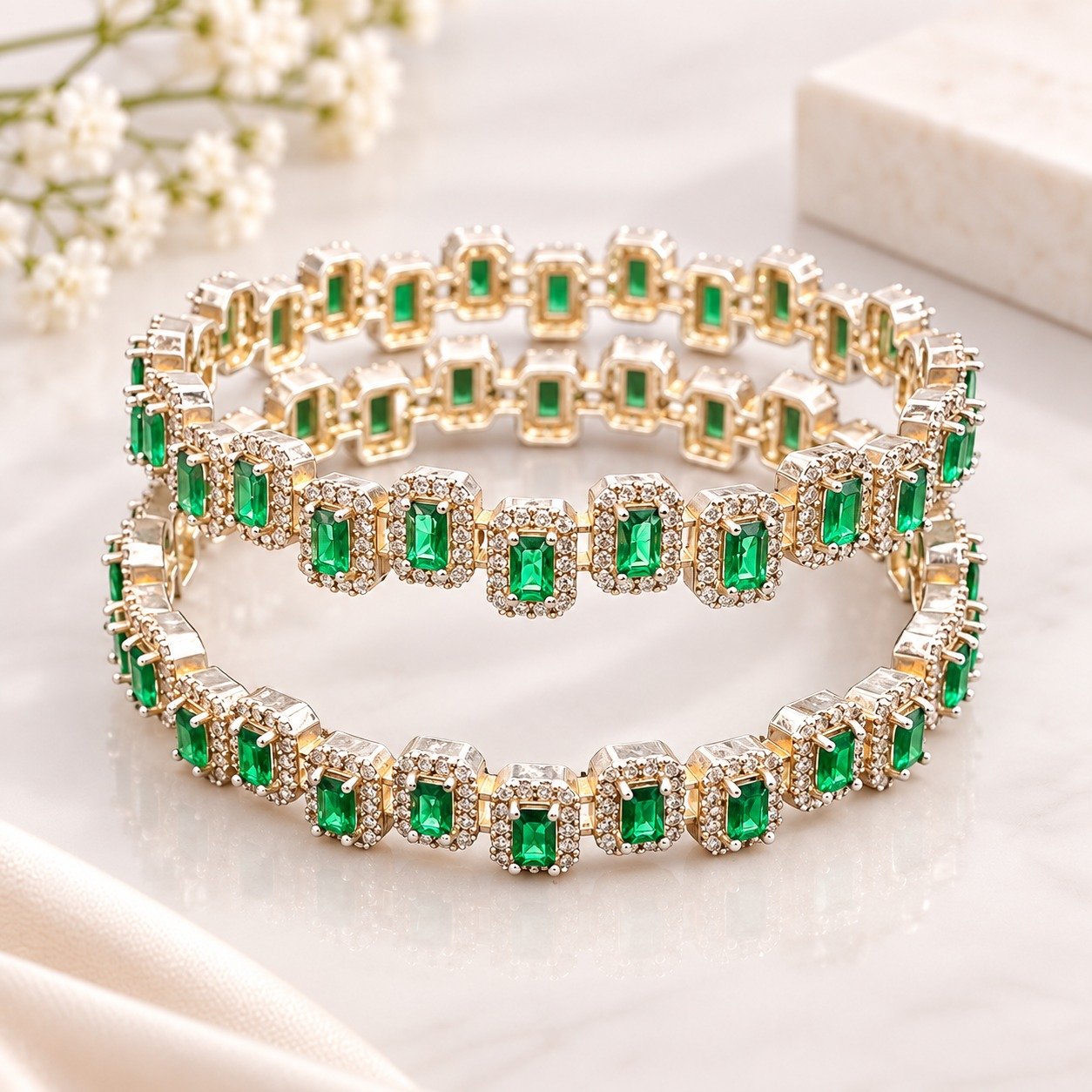 Emerald Green Rectangular Stone Designer Bangle Set