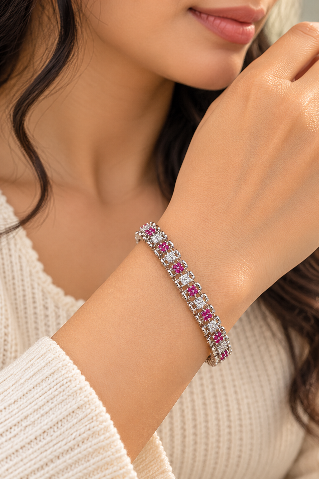 Elegant Silver-Tone Pink Stone Link Bracelet for Women