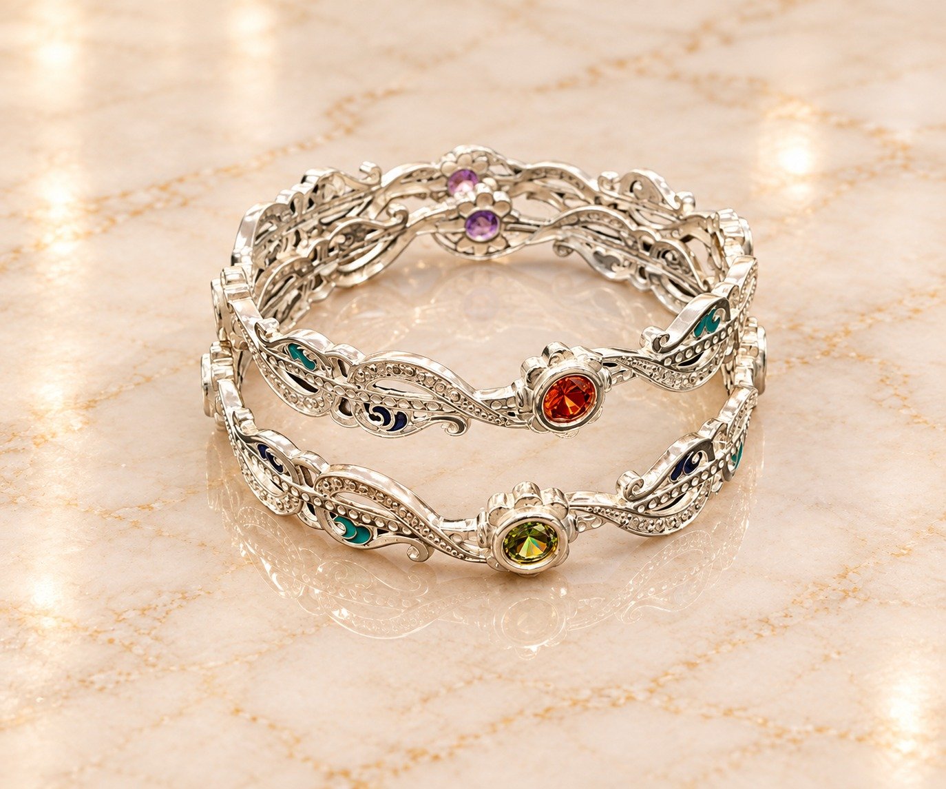 Elegant Silver-Tone Multicolor Stone Designer Bangle Set