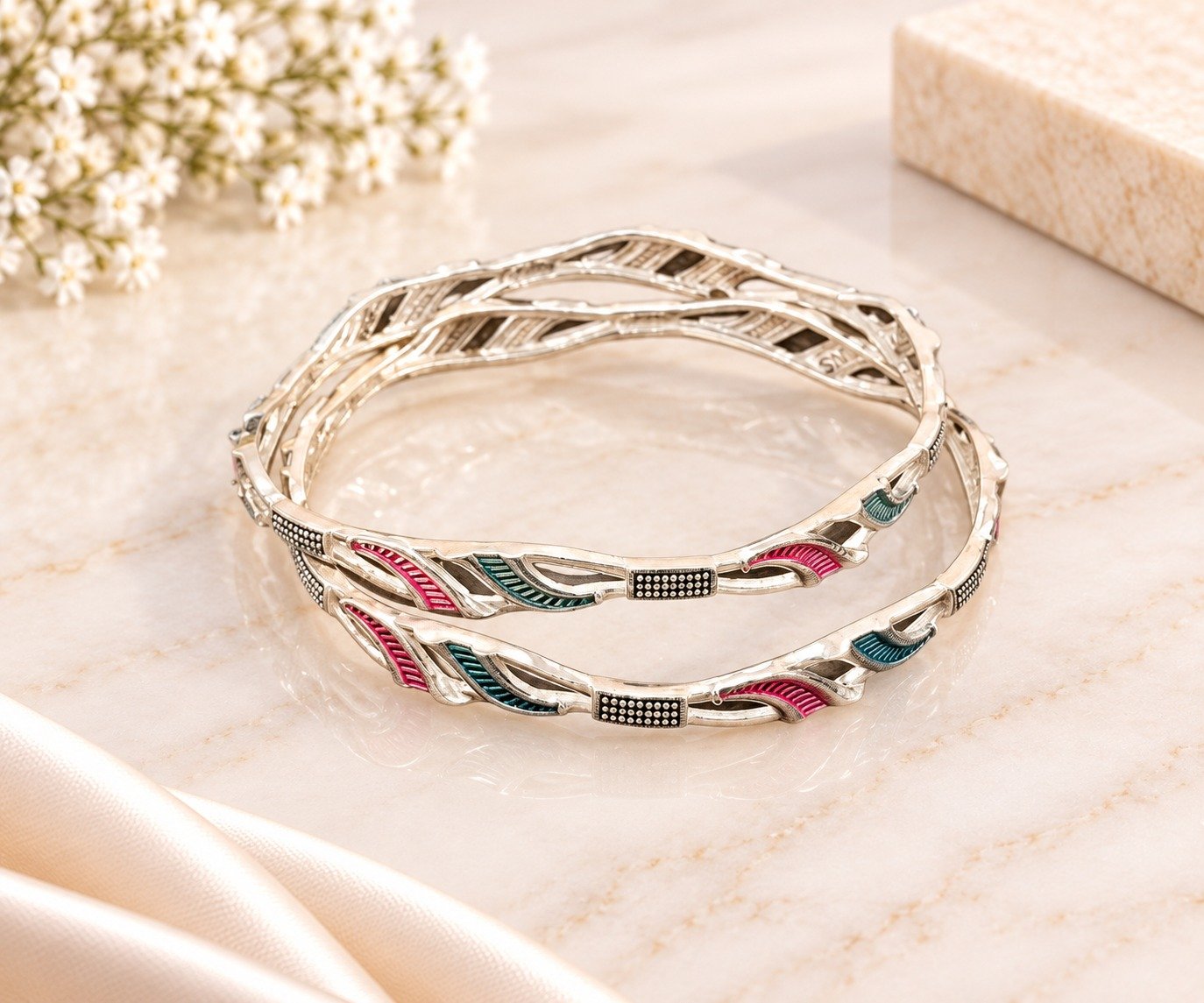 Elegant Silver-Tone Multicolor Enamel Designer Bangle Set