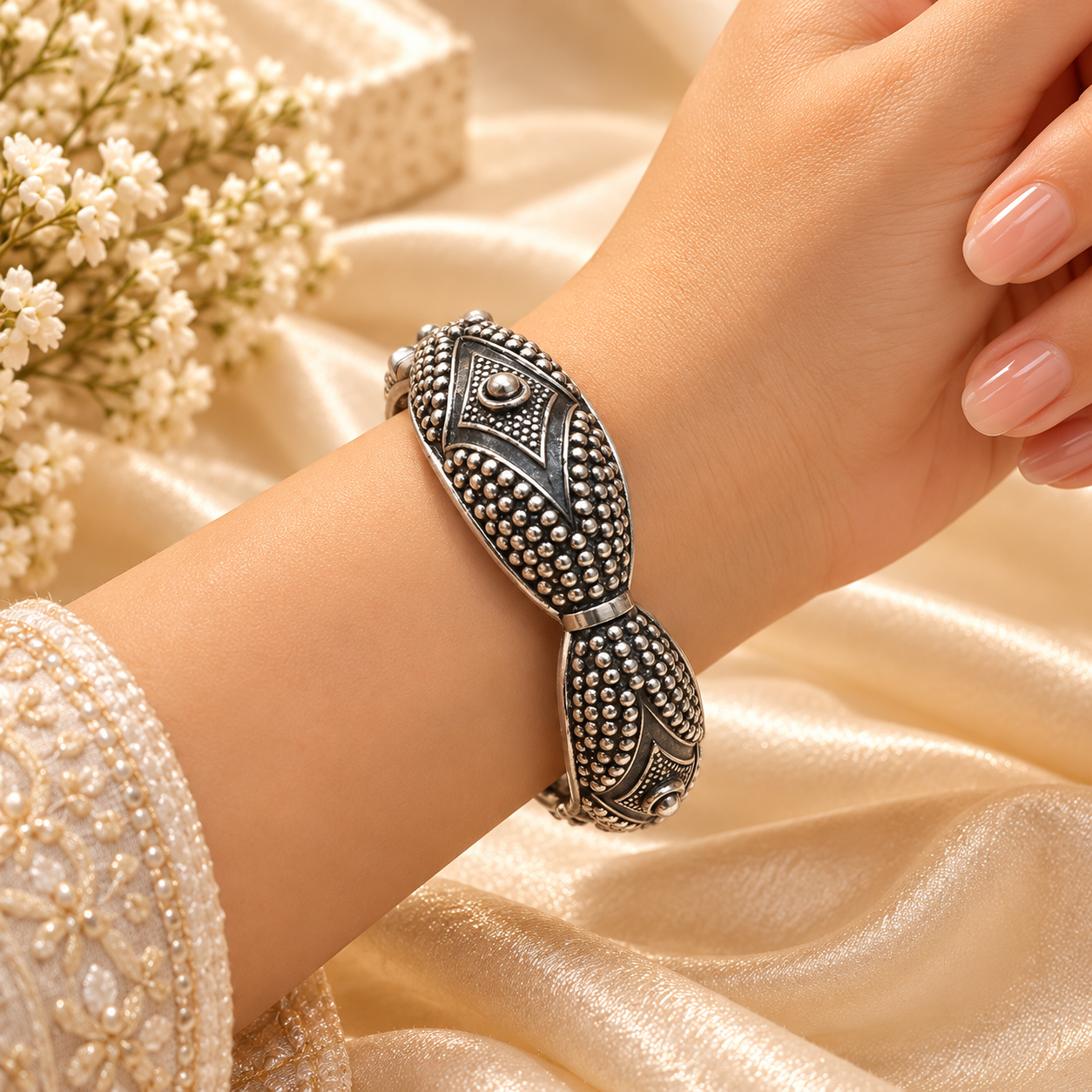 Antique Oxidised Silver-Tone Traditional Designer Bracelet