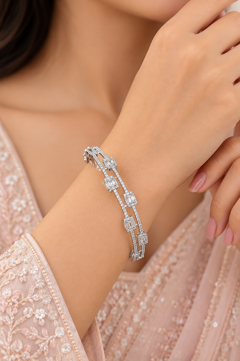 Elegant Silver-Tone Crystal Double-Line Bracelet for Women