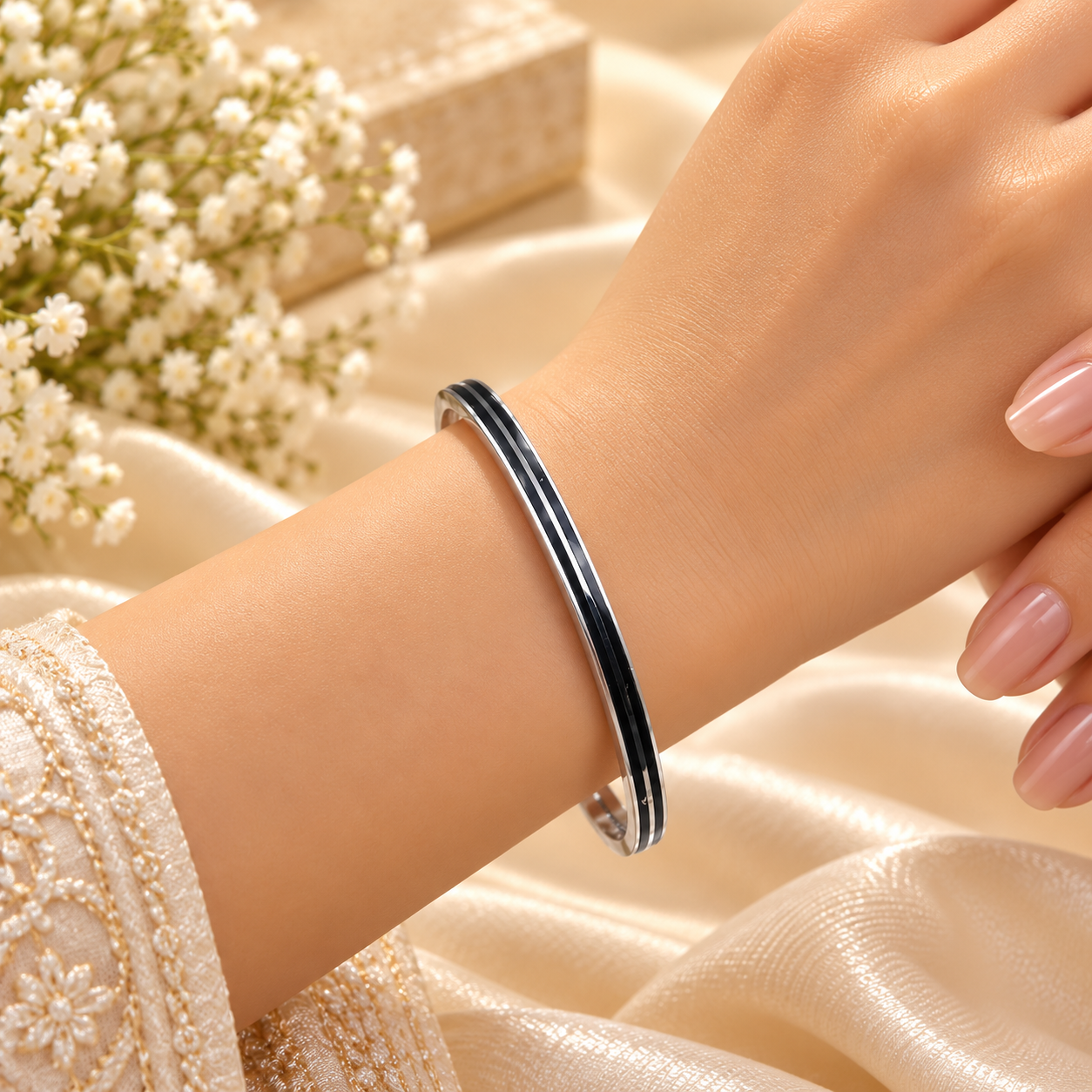 Black and Silver-Tone Sleek Designer Bracelet for Women