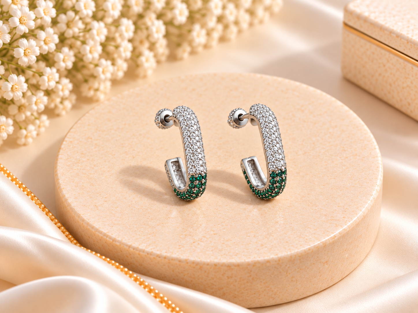 Emerald Green & Silver Pavé Hoop Earrings