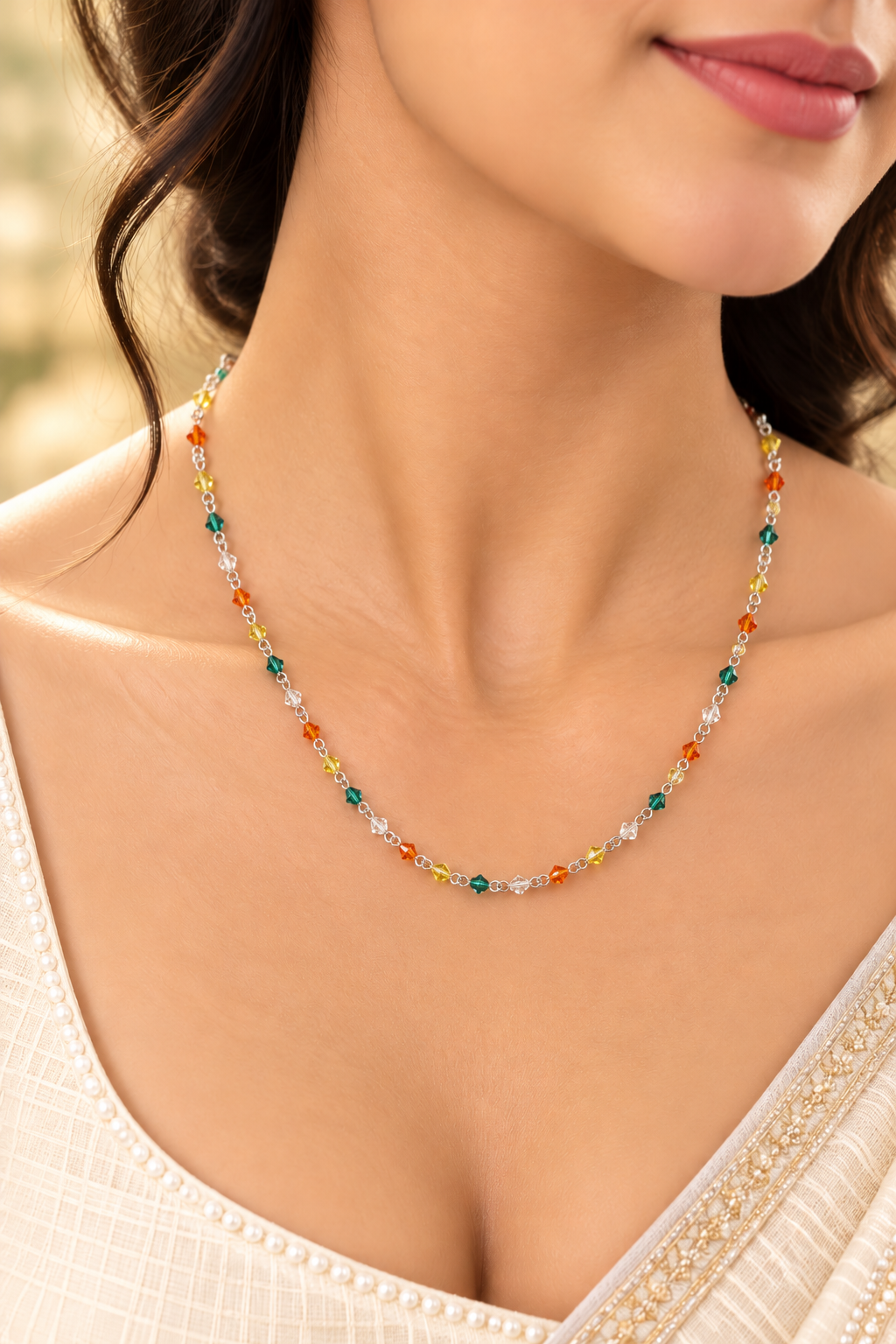 Multicolour Crystal Beaded Necklace with Silver-Tone Links for Women