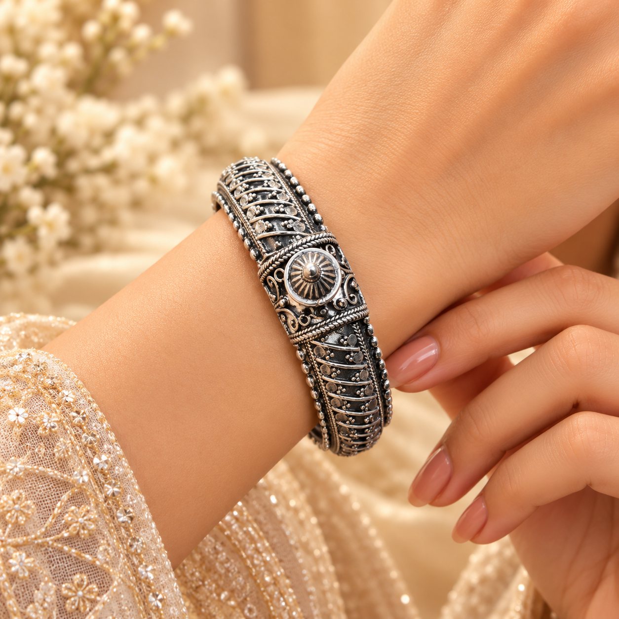 Traditional Silver Oxidised Kada with Intricate Floral Engraving