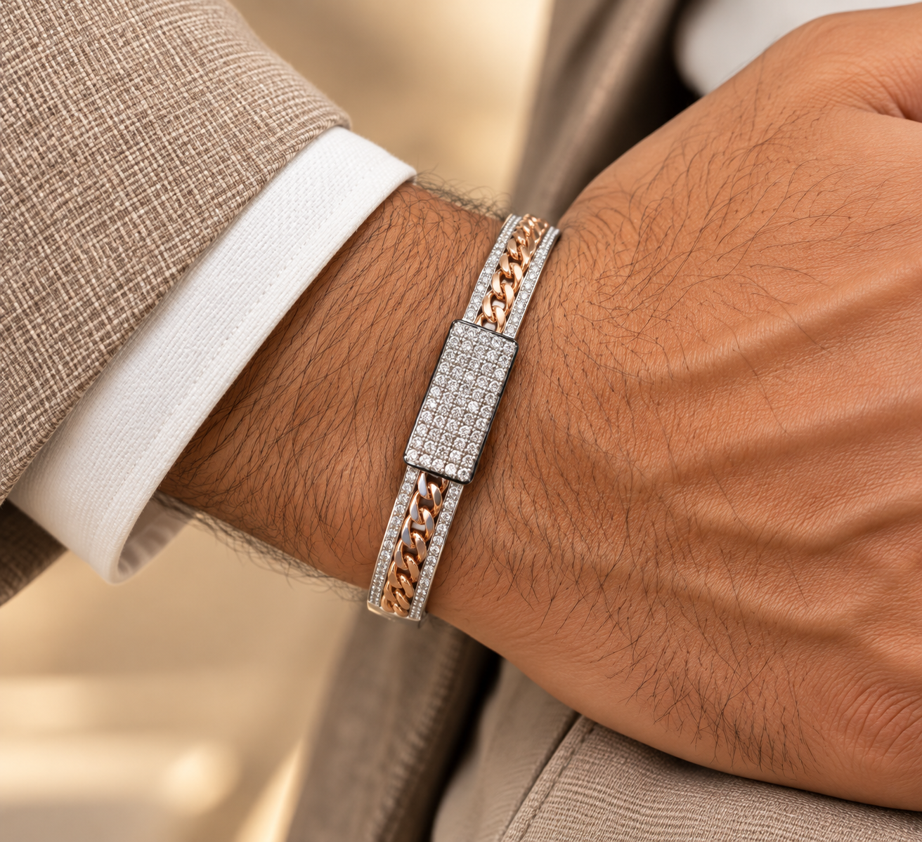 Men’s Rose Gold and Silver-Tone Crystal Link Bracelet