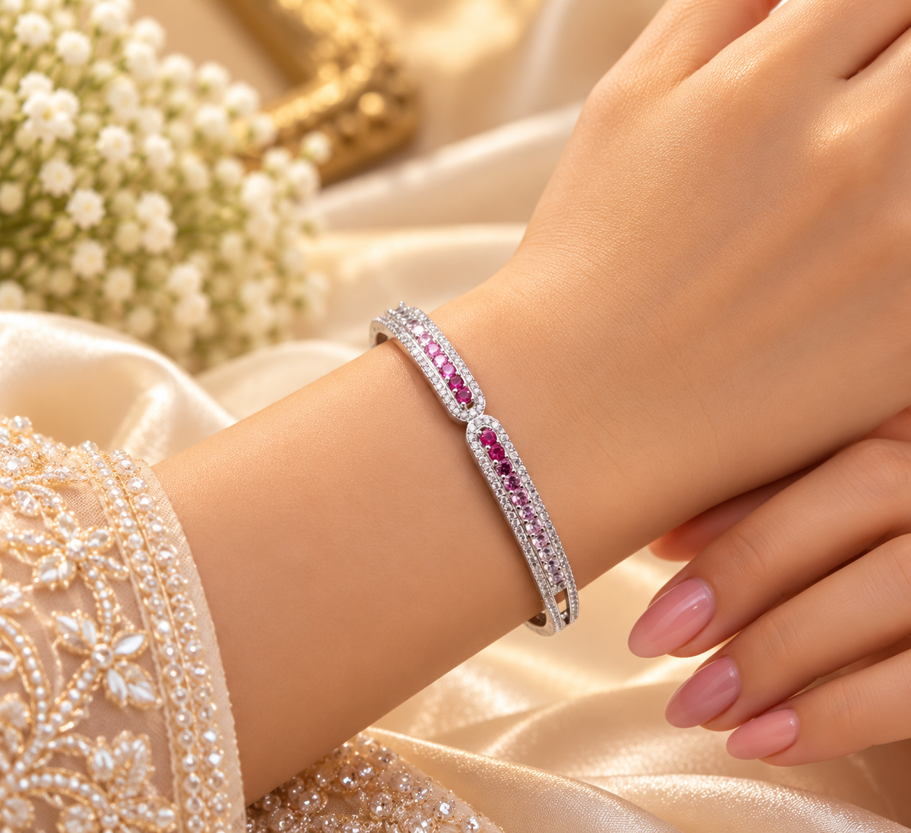 Silver-Tone Pink Stone Studded Designer Bracelet for Women