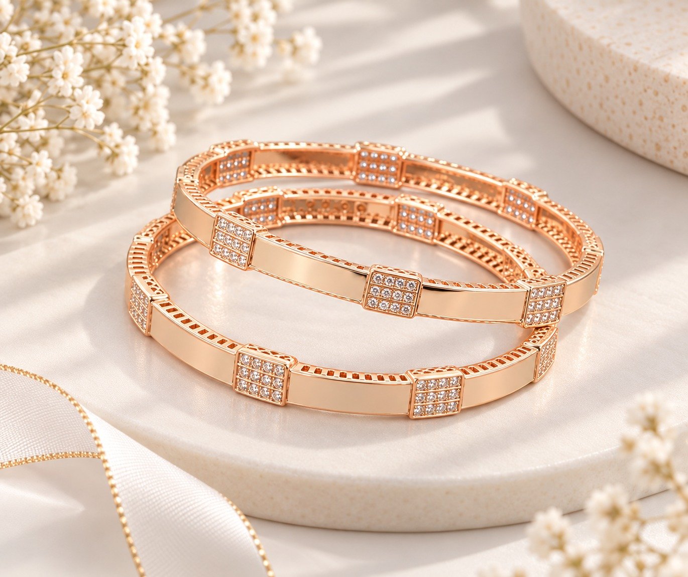 Elegant Rose Gold-Tone Crystal Designer Bangle Set
