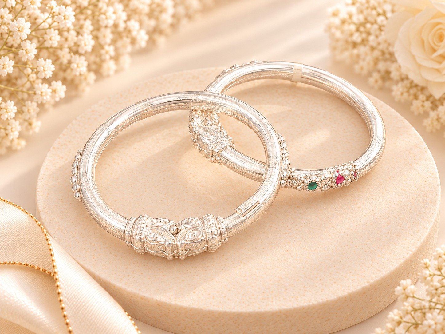 Elegant Silver Bangles with Intricate Floral Embossed Detailing