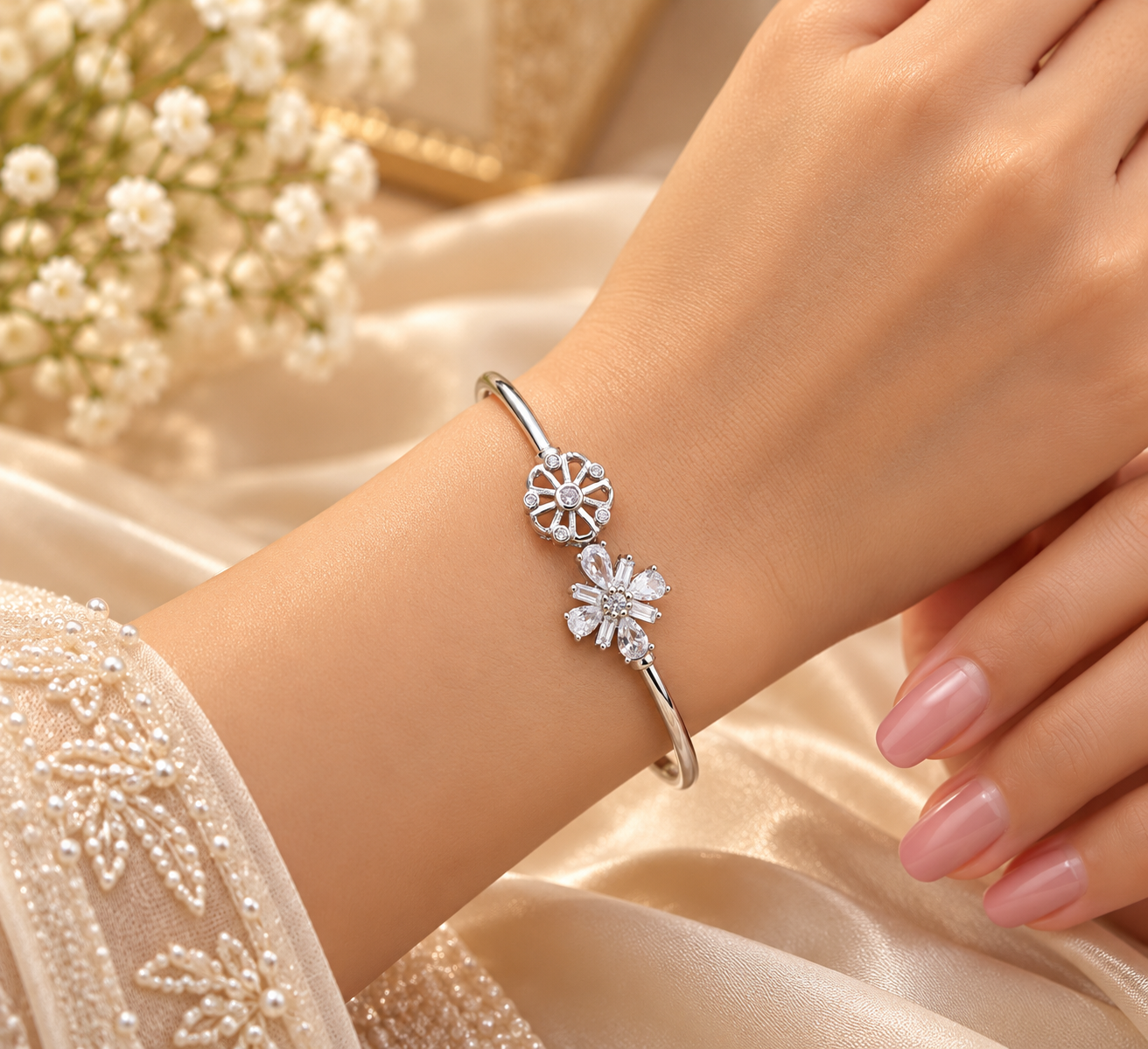 Silver Plated Floral Crystal Designer Bracelet for Women