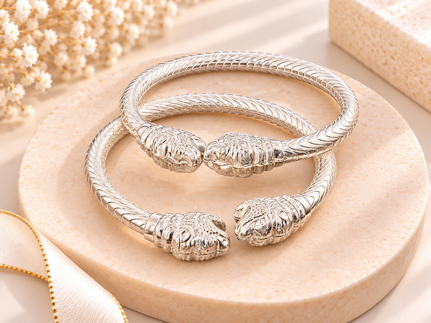 Elegant Silver Bangles with Lion Head Motif & Textured Finish
