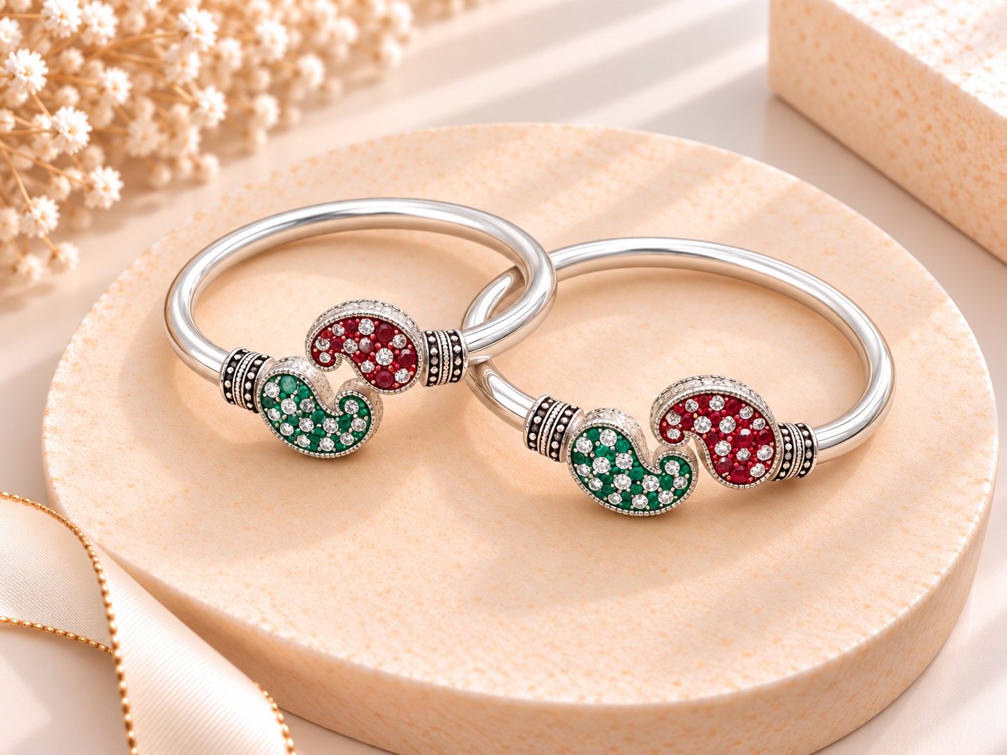Elegant Silver Bangles with Red & Green Stone-Studded Motifs