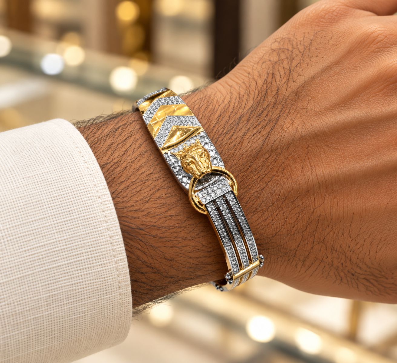 Men’s Gold & Silver-Tone Lion Head Crystal Bracelet