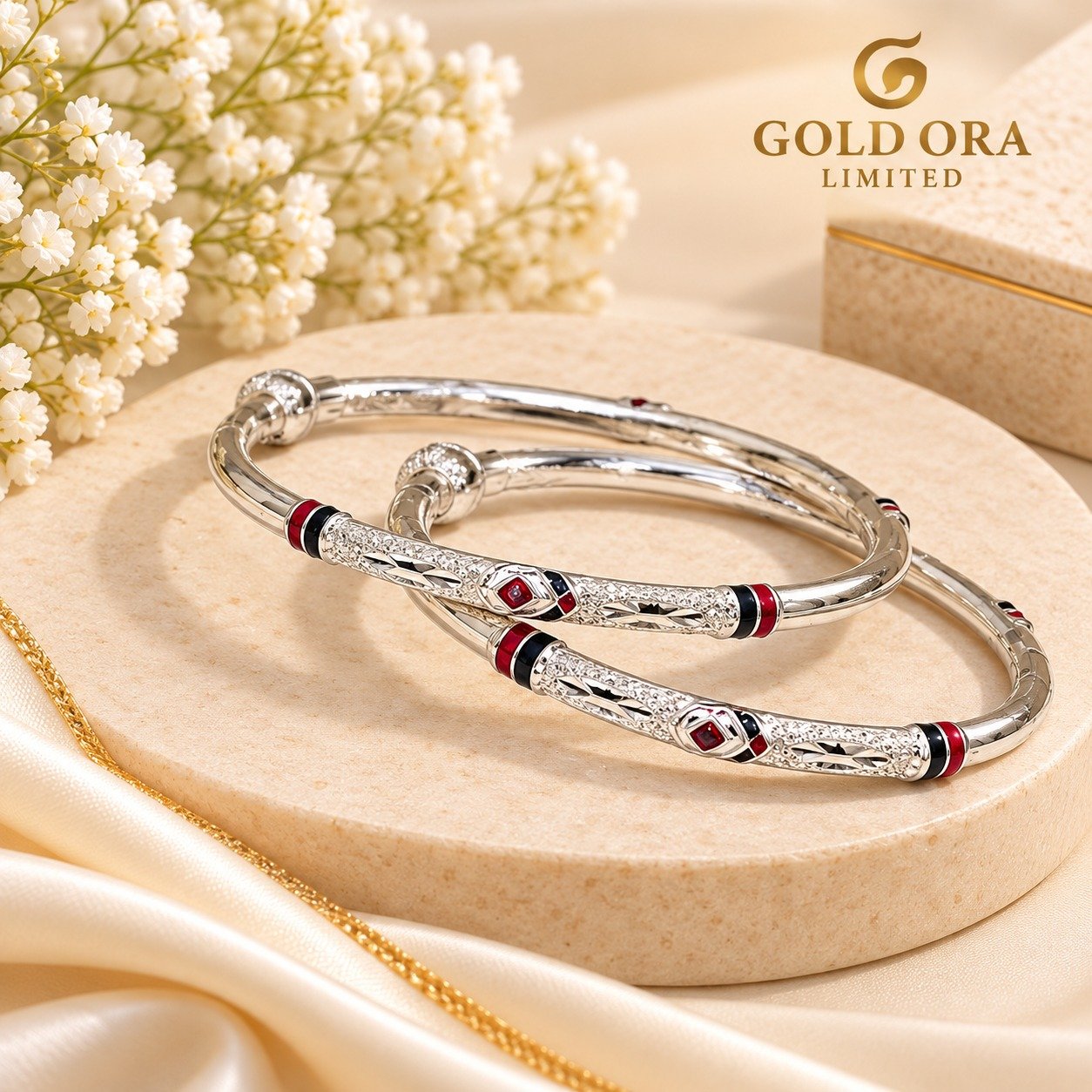 Silver Red & Black Enamel Designer Kada Bangles