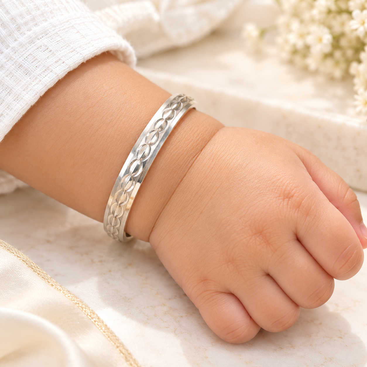 Elegant Silver Baby Kada Bracelet with Classic Engraved Design