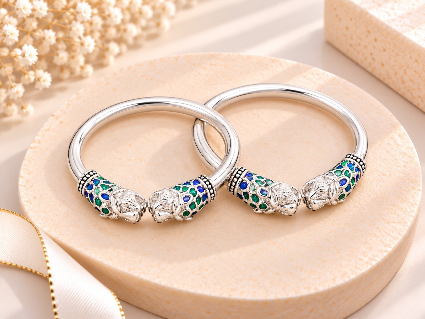 Elegant Silver Bangles with Blue & Green Enamel Detailing
