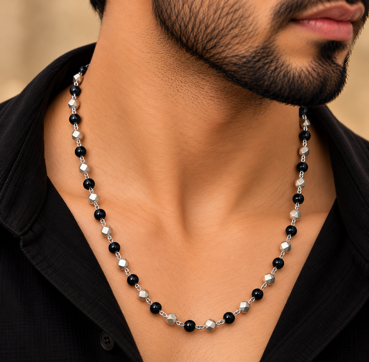 Premium Black Bead and Silver-Tone Geometric Necklace for Men