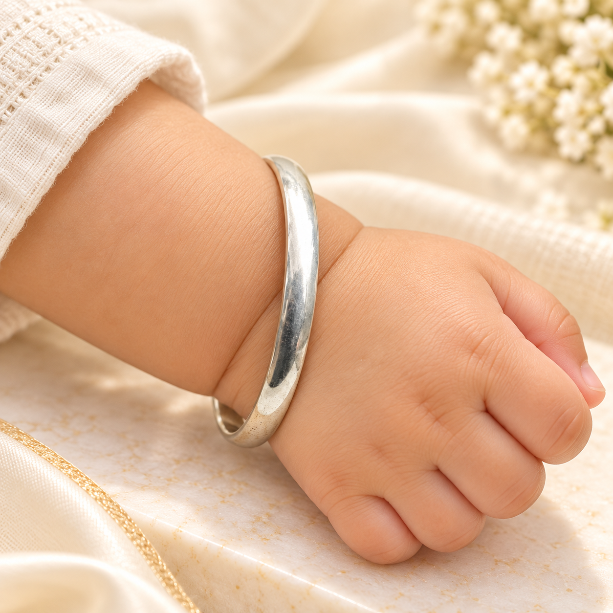 Classic Silver Baby Kada – Smooth Polished Traditional Bracelet