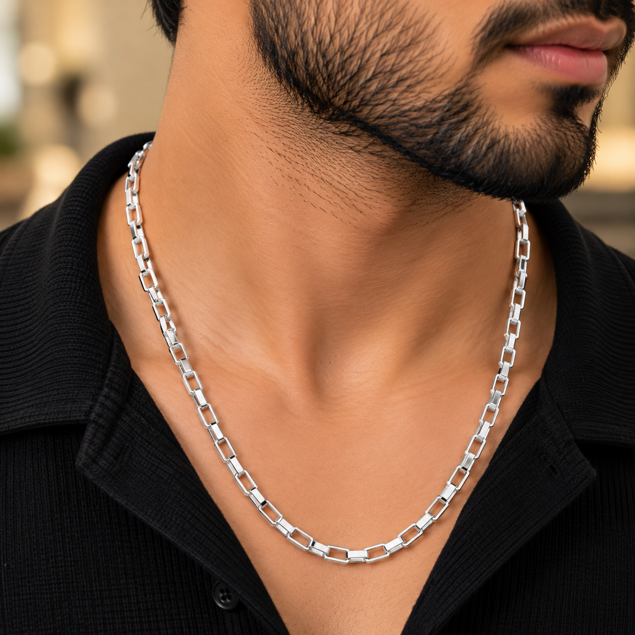 Premium Silver-Tone Rectangular Link Chain Necklace for Men