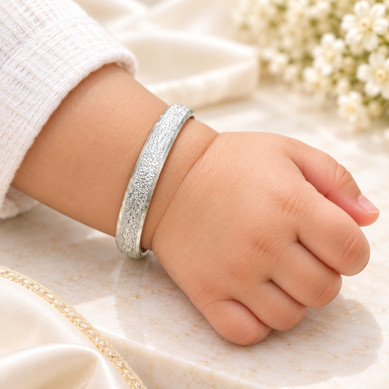 Elegant Silver Baby Kada Bracelet with Textured Engraved Finish