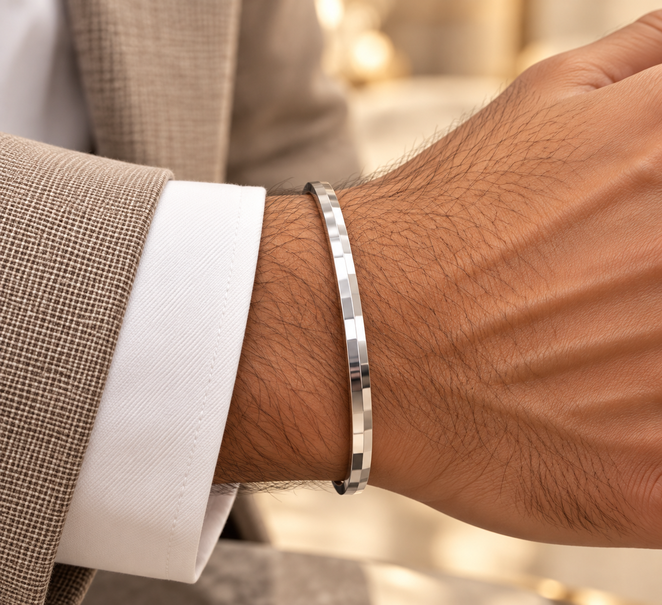 Men’s Premium Silver-Tone Faceted Kada Bracelet