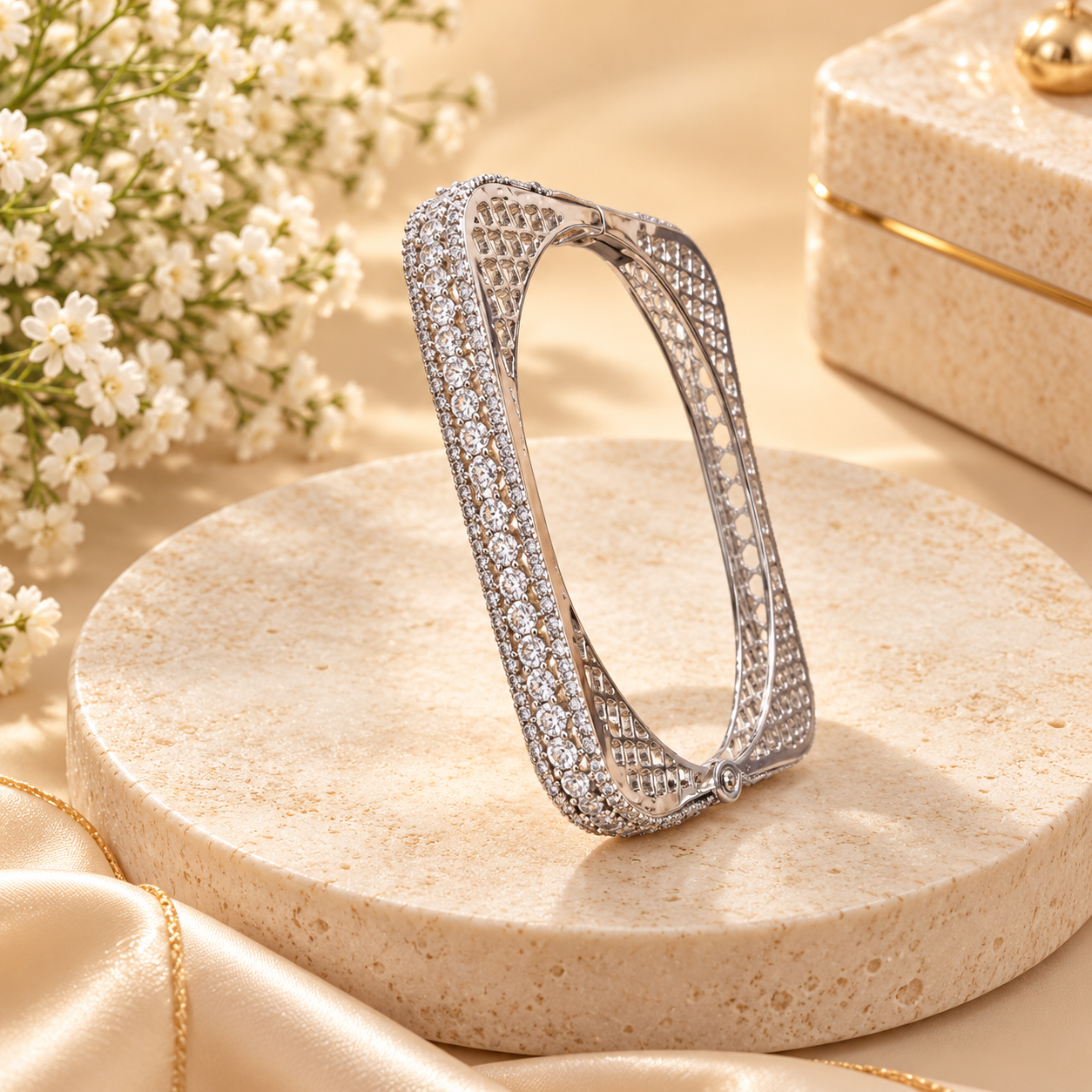 Silver-Tone Crystal Studded Geometric Designer Bangle for Women