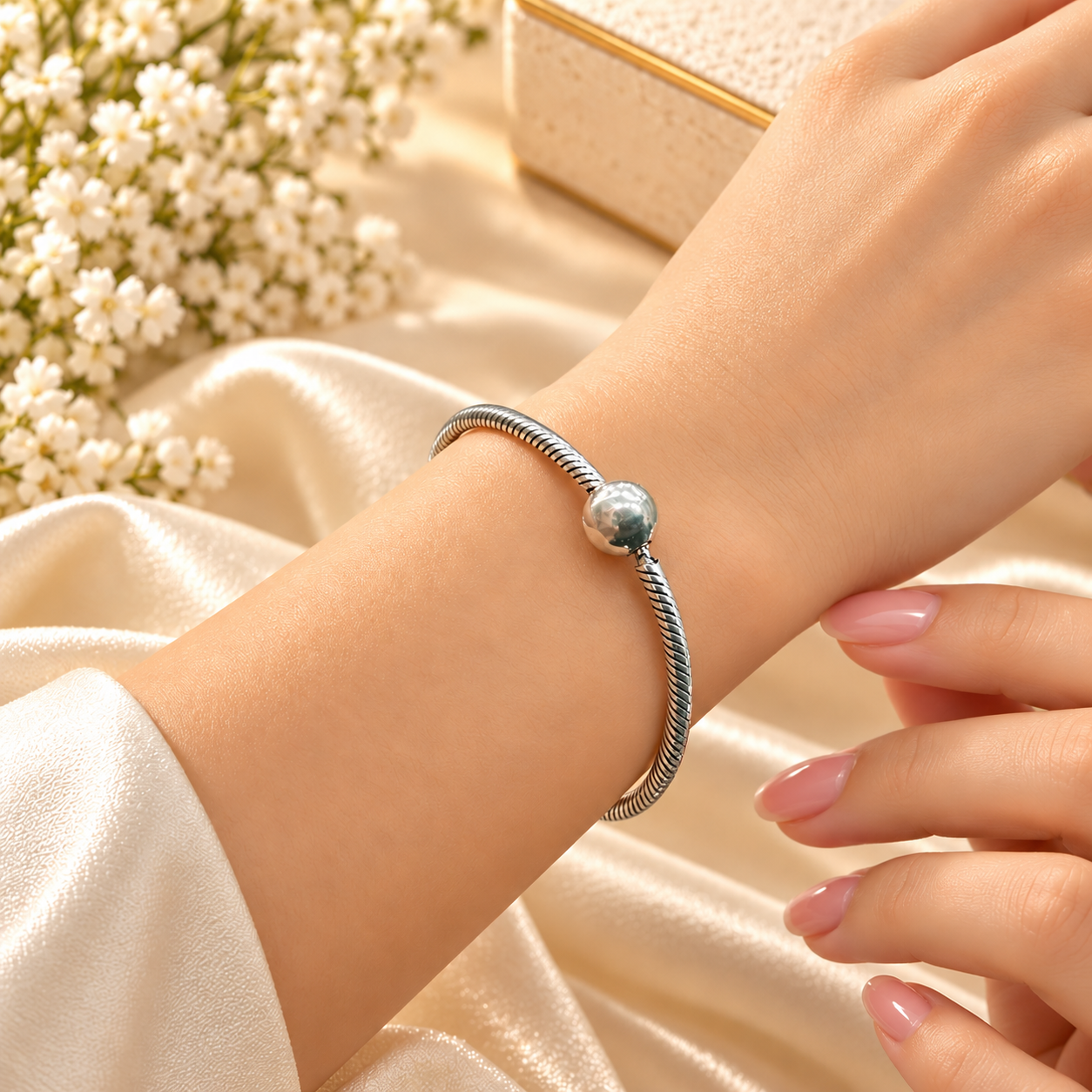 Elegant Silver Snake Chain Bracelet with Round Ball Charm