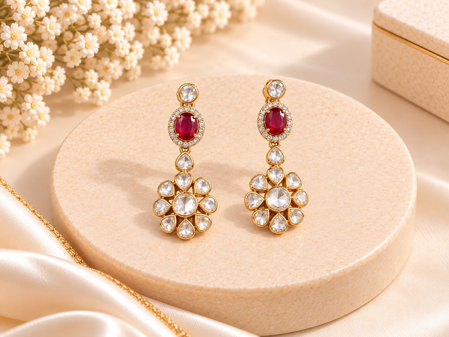Ruby Red Floral Drop Earrings