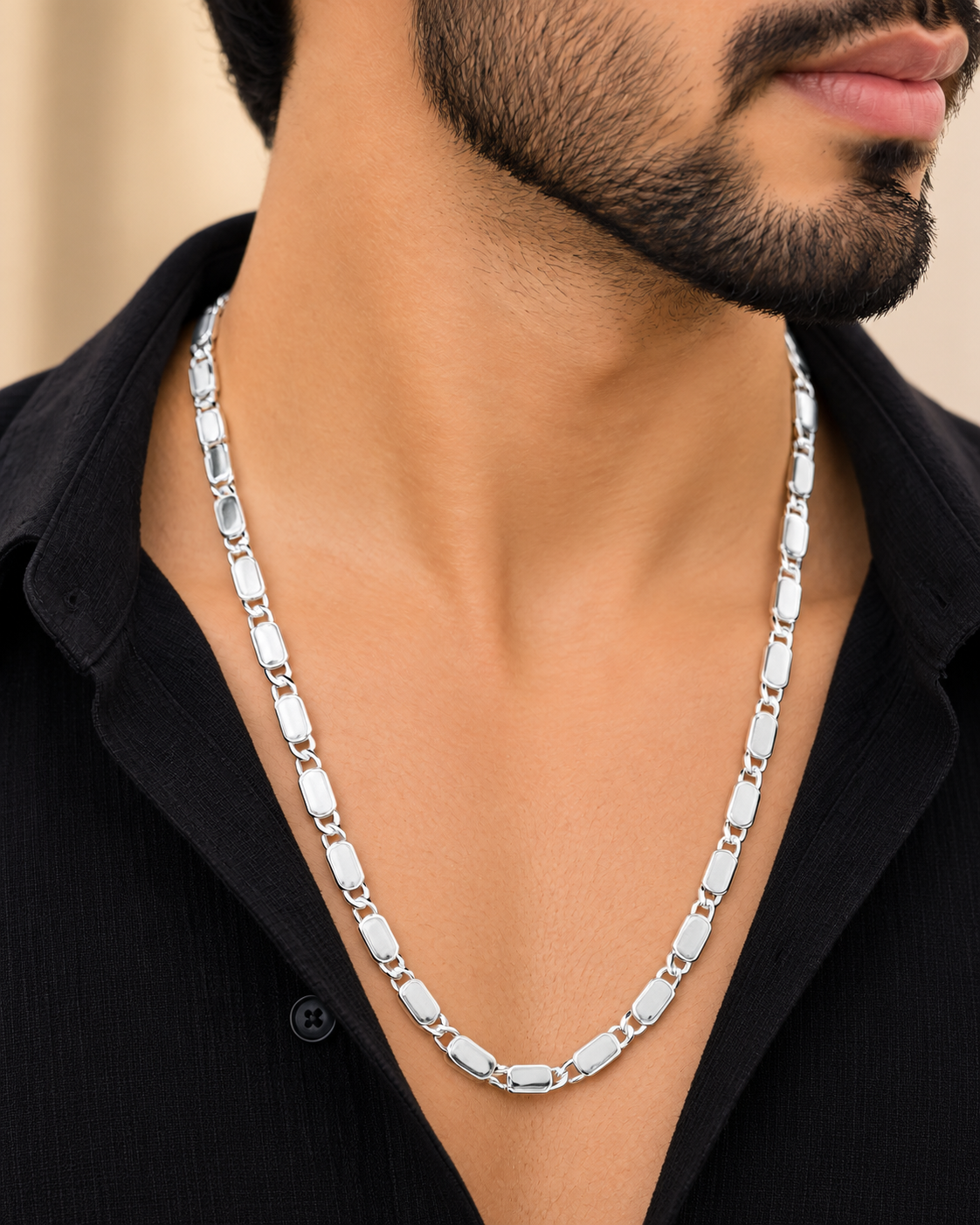 Premium Silver-Tone Rounded Rectangle Link Chain Necklace for Men