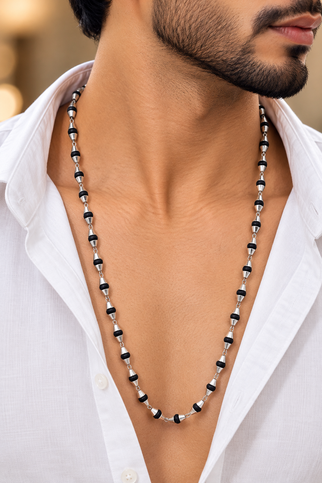 Black and Silver-Tone Beaded Men's Mala Necklace