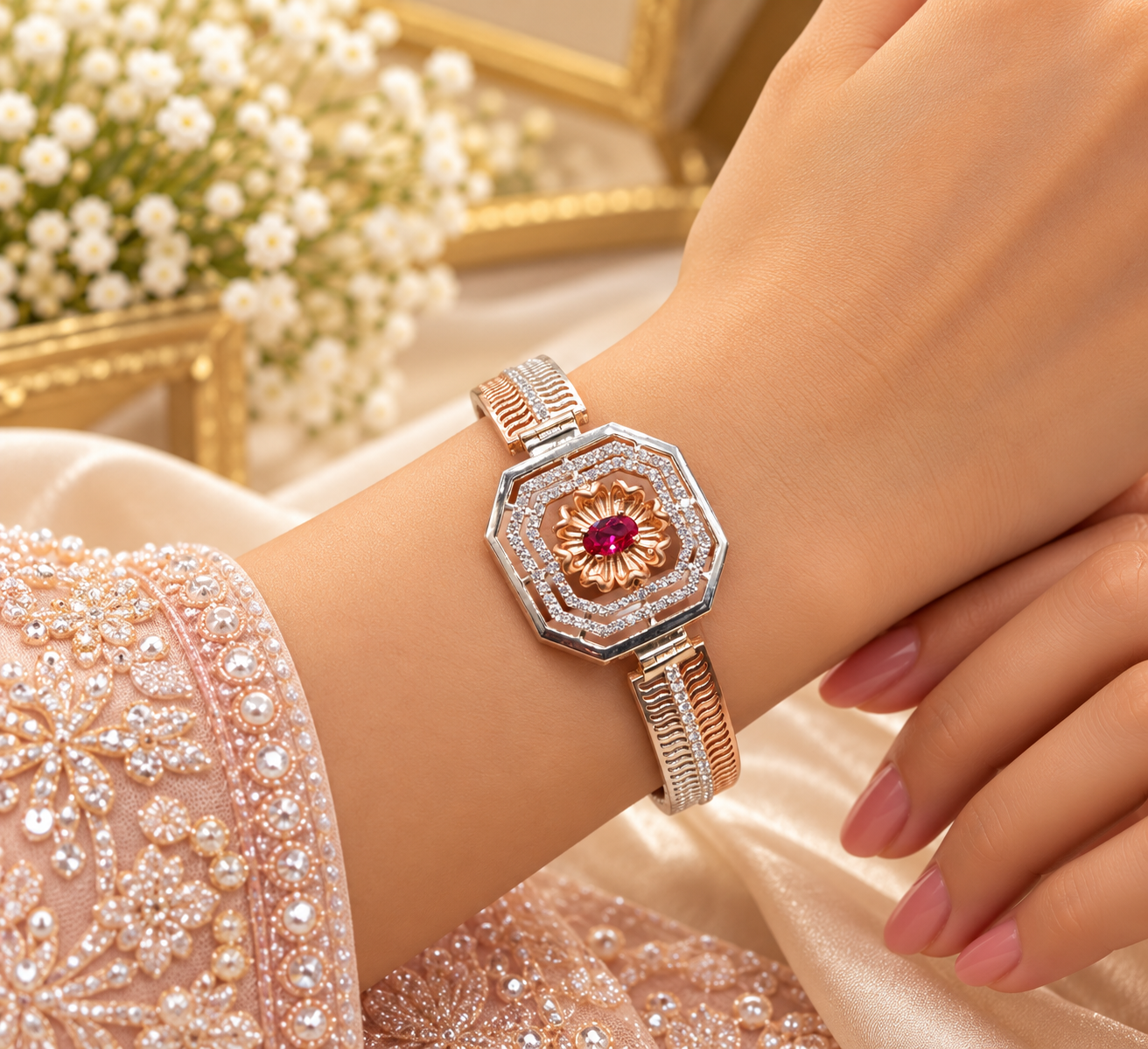 Rose Gold Plated Designer Crystal Bracelet with Red Stone for Women