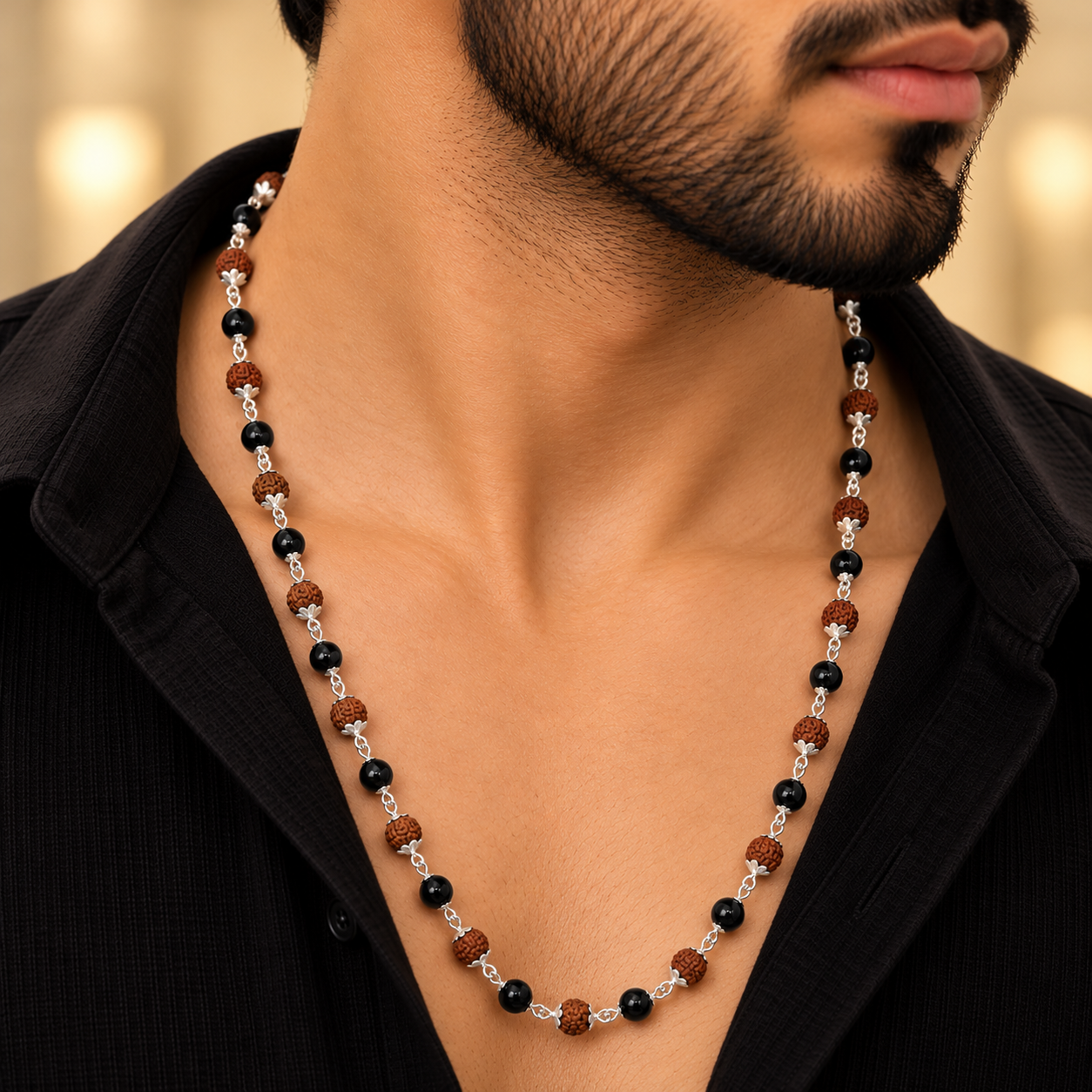 Premium Rudraksha and Black Bead Silver-Tone Necklace for Men