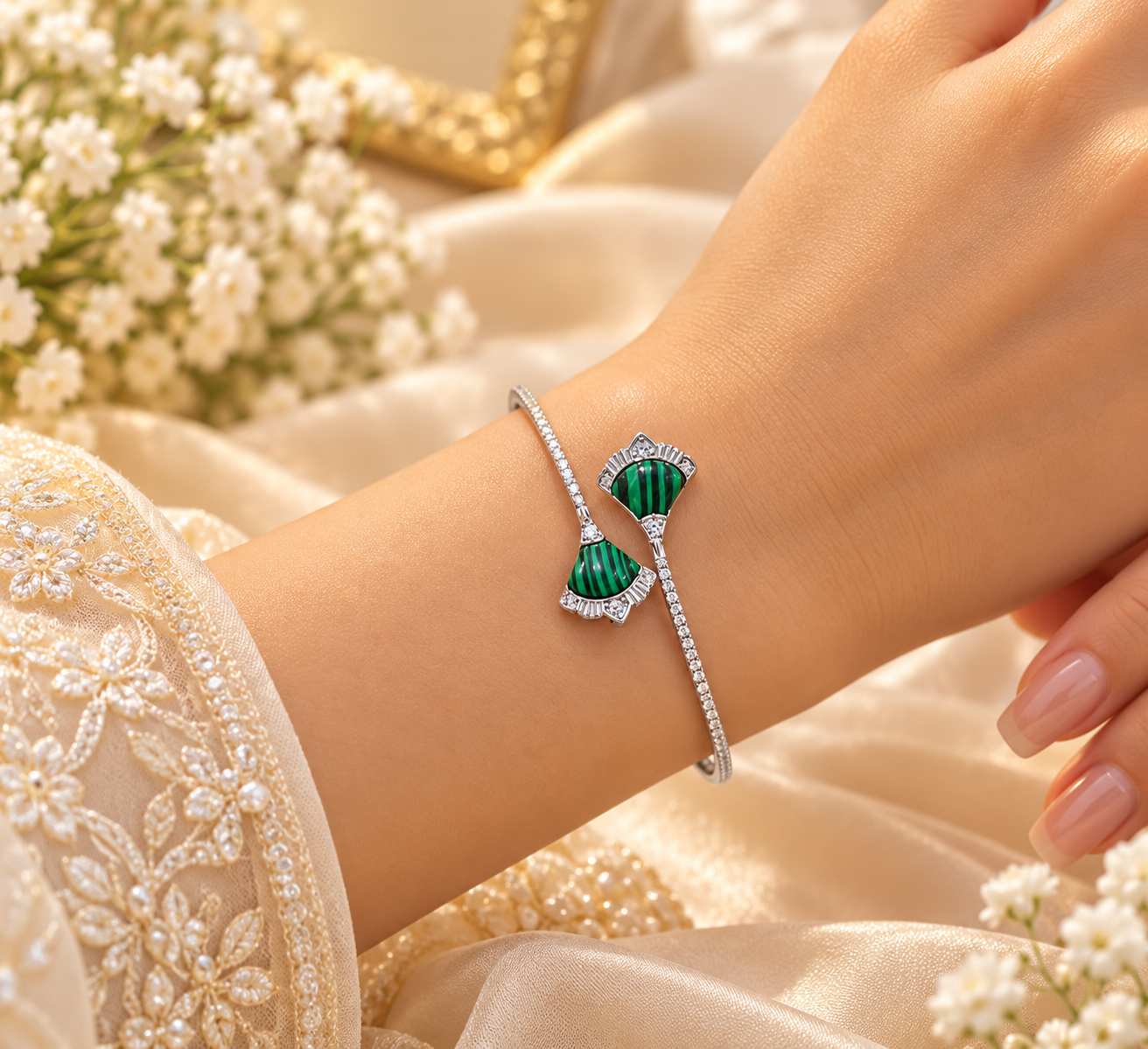 Silver-Tone Green Stone Designer Bracelet for Women