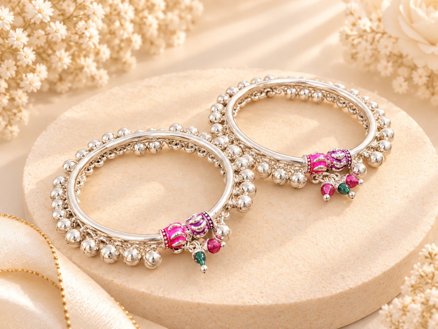 Elegant Silver Bangles with Pink Enamel & Hanging Bead Detailing