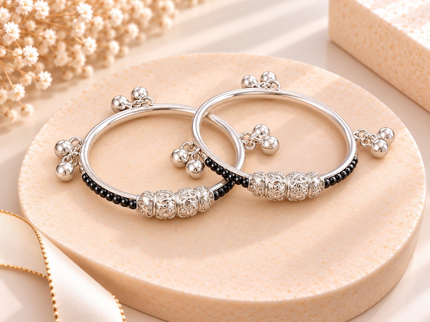 Elegant Silver Bangles with Black Beaded Accents & Ornamental Center