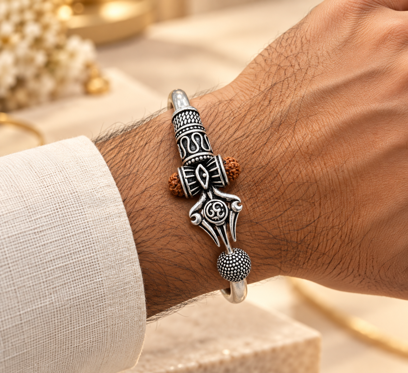 Men’s Antique Silver Tribal Designer Bracelet with Rudraksha Beads