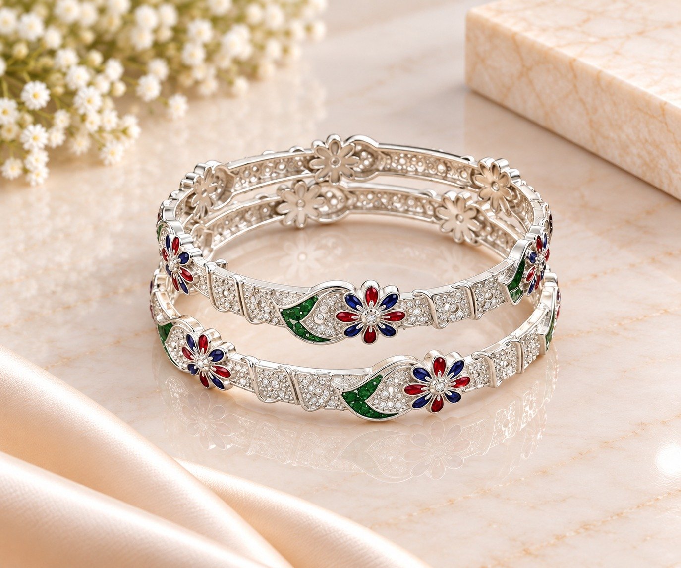 Floral Enamel Designer Bangle Set with Red, Blue & Green Accents