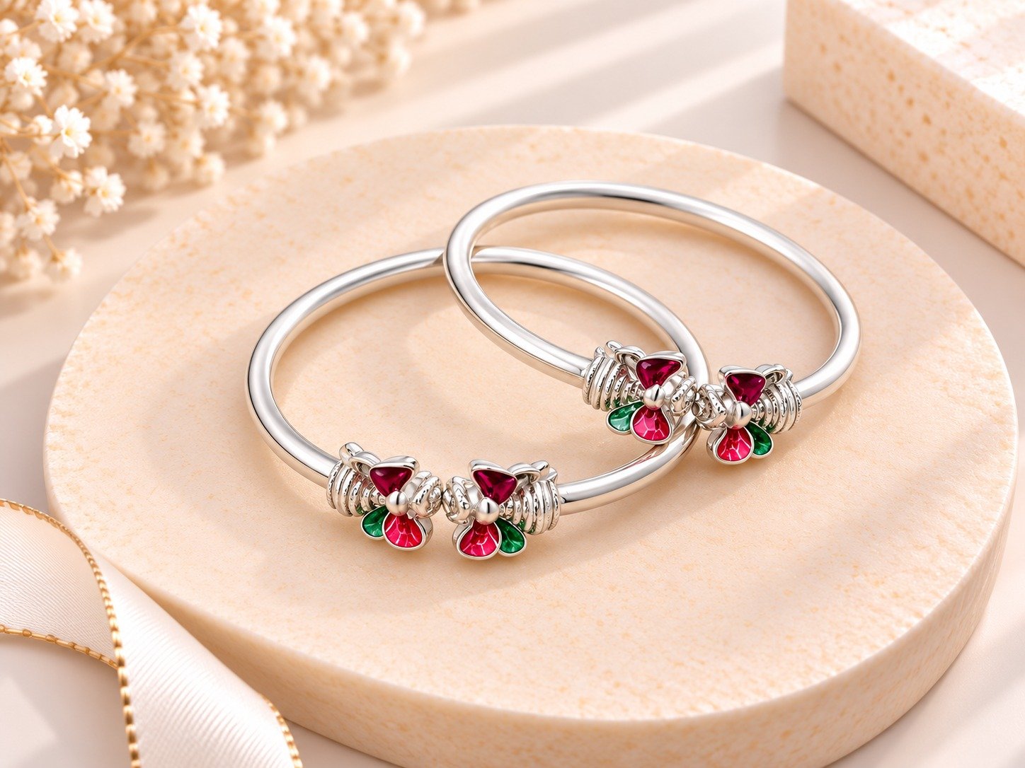 Elegant Silver Bangles with Pink & Green Floral Enamel Detailing