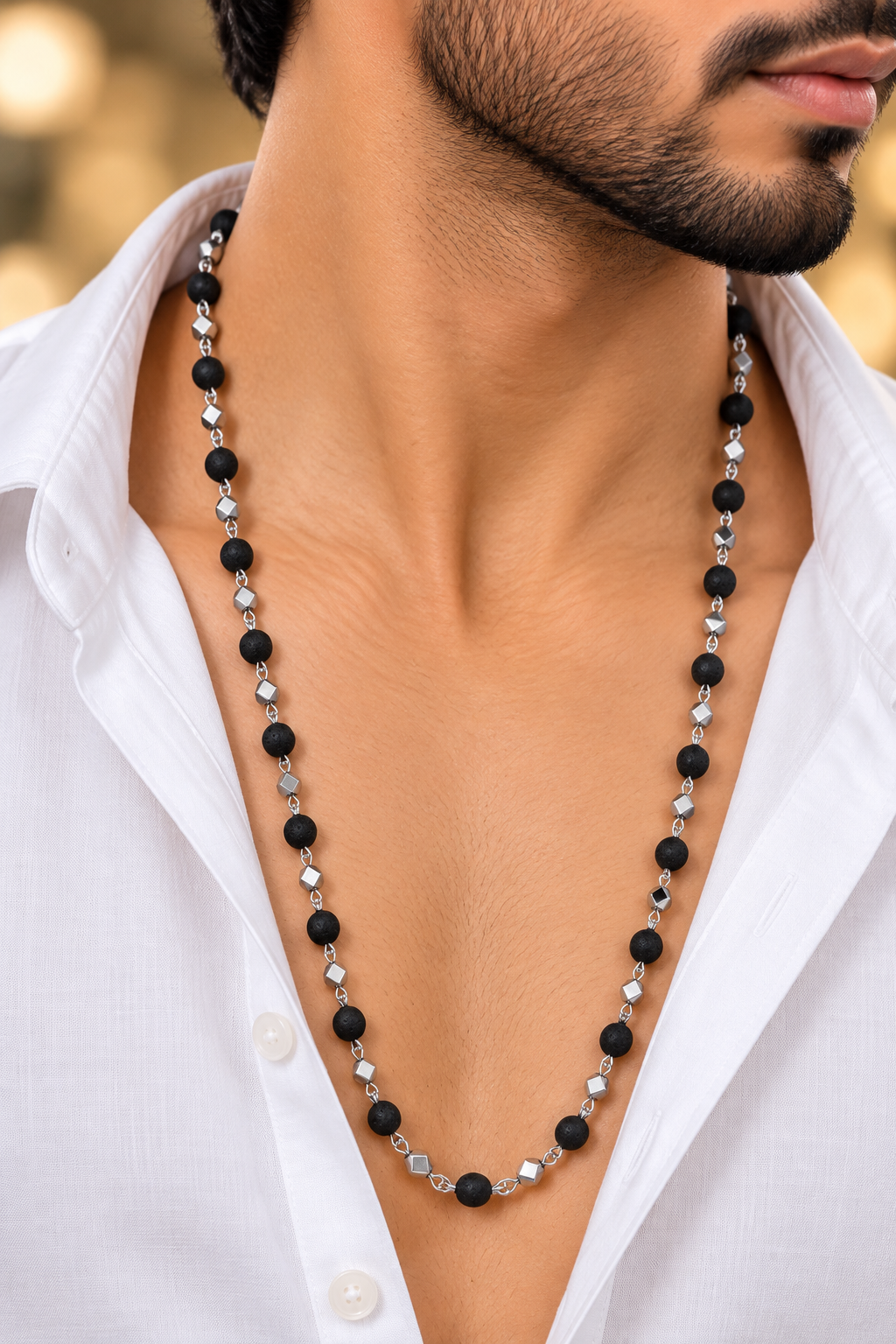 Black Lava Beads and Silver-Tone Men's Mala